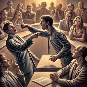 DALL·E 2024-10-14 12.01.07 - A realistic depiction of the ad hominem fallacy. In the image, two figures are engaged in a heated argument_ one person is angrily pointing at the oth